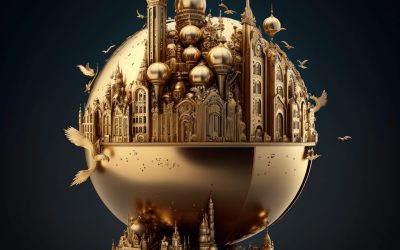 a gold globe with a city in the middle